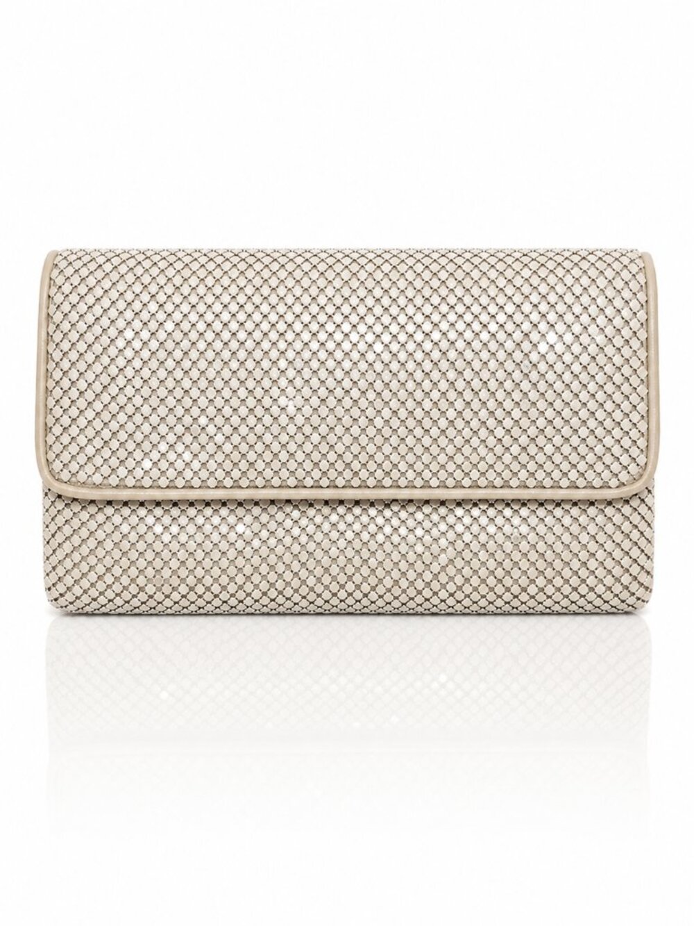 Vintage 80s Whiting and Davis Metal Mesh Clutch Shoulder Bag Beige